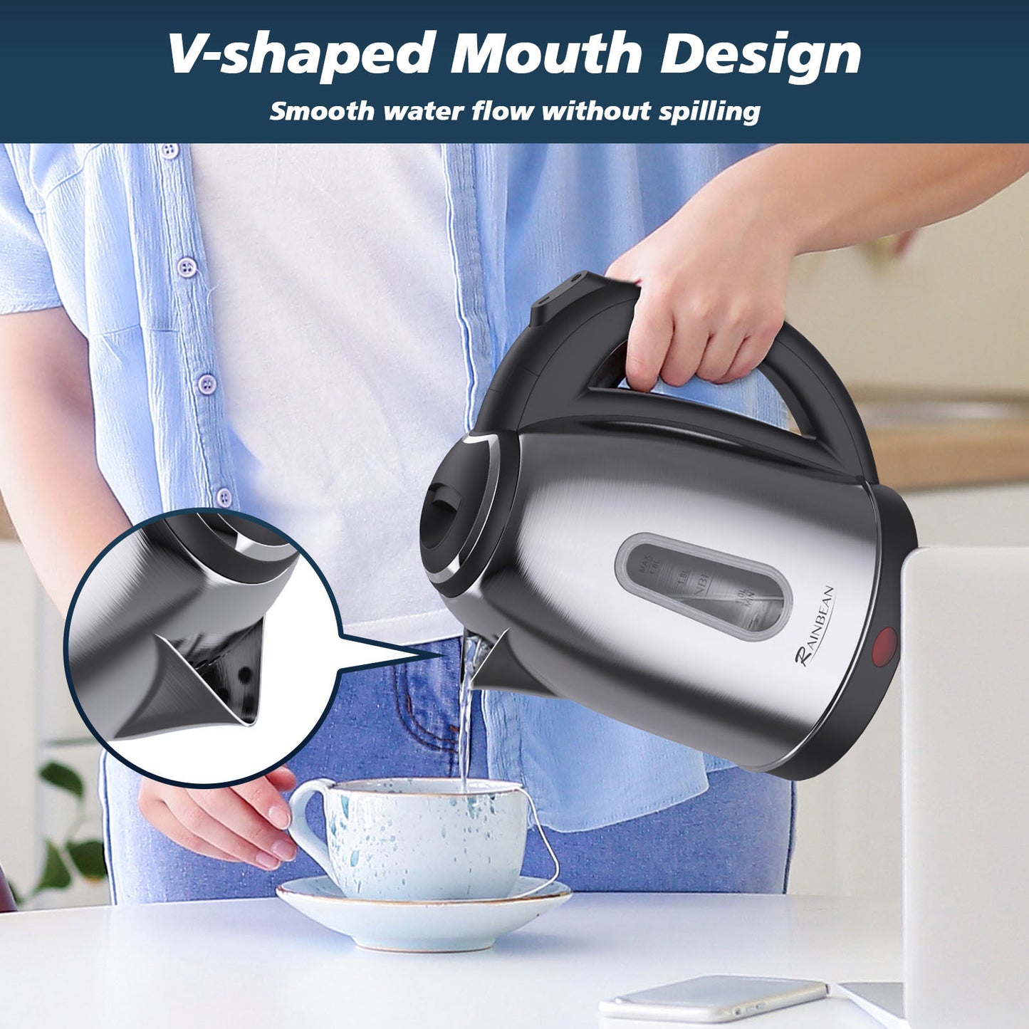 Electric Kettle Water Boiler - 1.8L Stainless Steel Kettle for Tea & Coffee, Auto Shut-Off & Boil-Dry Protection