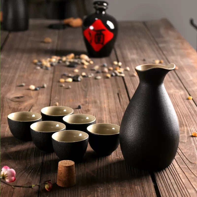 Japanese Sake Set - Handcrafted Ceramic Sake Pot & Cups, Ancient-Inspired Design