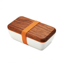 Japanese Ceramic & Wood Bento Box - Minimalist Lunch Box with Natural Wooden Lid