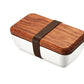 Japanese Ceramic & Wood Bento Box - Minimalist Lunch Box with Natural Wooden Lid
