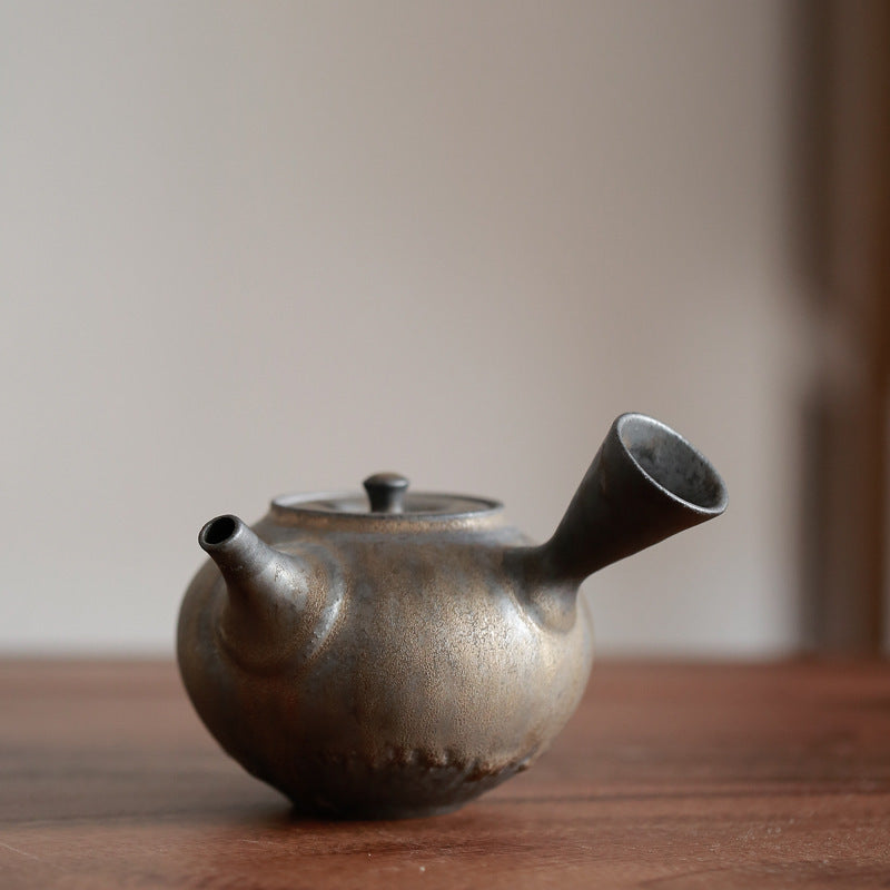 Gilded Side-Handle Kyusu Teapot - Handmade Japanese Pottery Teapot with Ceramic Glaze Finish