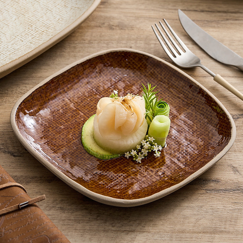 Retro Ceramic Sushi & Dumpling Plate - Rectangular Japanese Tableware in Mesh White or Bronze