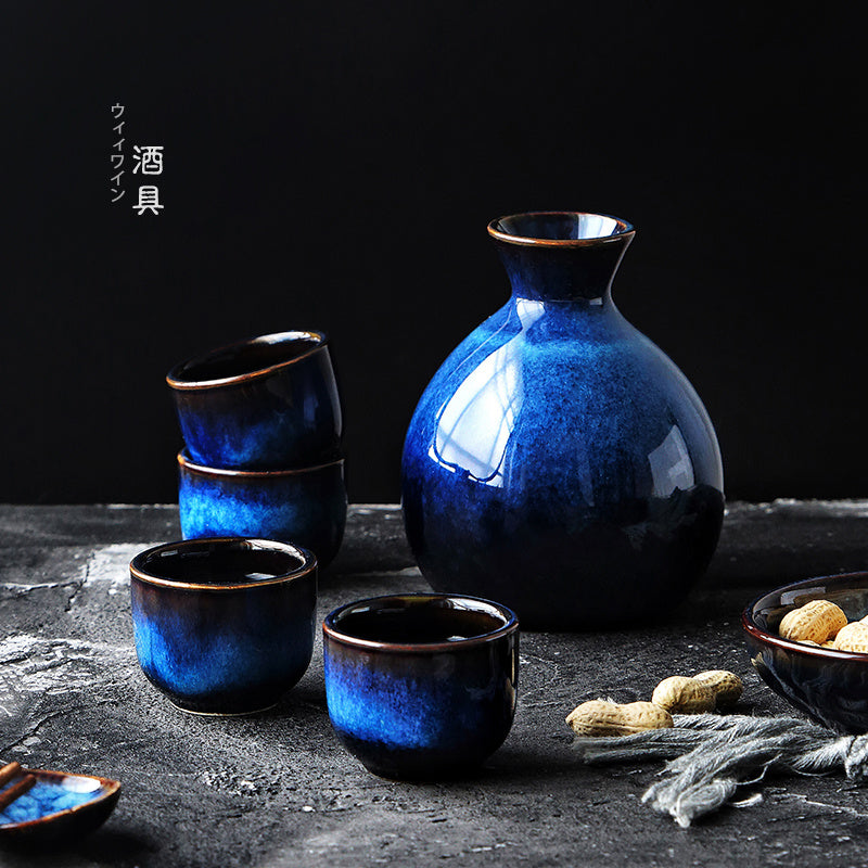 Japanese Sake Set - Ceramic Blue Kiln-Glazed Carafe & Cups, Handcrafted Elegance