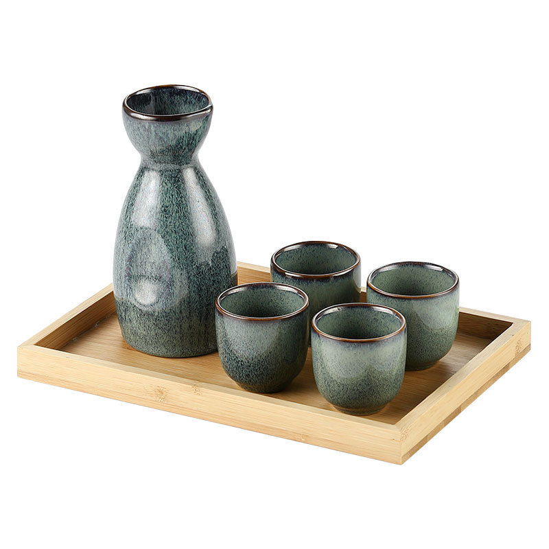 Japanese Sake Pot Set - Mist Green Kiln-Glazed Ceramic with Bamboo Tray