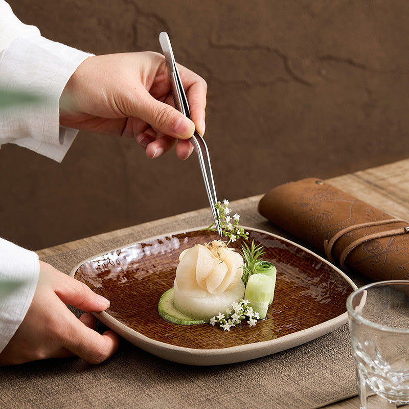 Retro Ceramic Sushi & Dumpling Plate - Rectangular Japanese Tableware in Mesh White or Bronze