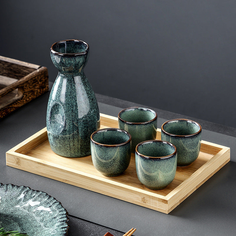 Japanese Sake Pot Set - Mist Green Kiln-Glazed Ceramic with Bamboo Tray