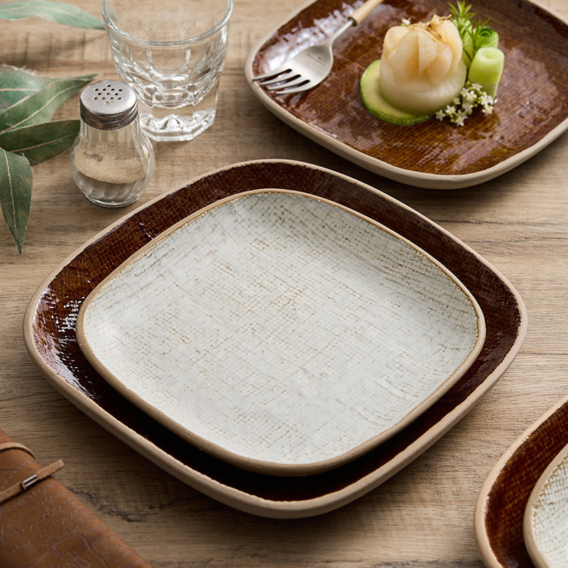 Retro Ceramic Sushi & Dumpling Plate - Rectangular Japanese Tableware in Mesh White or Bronze