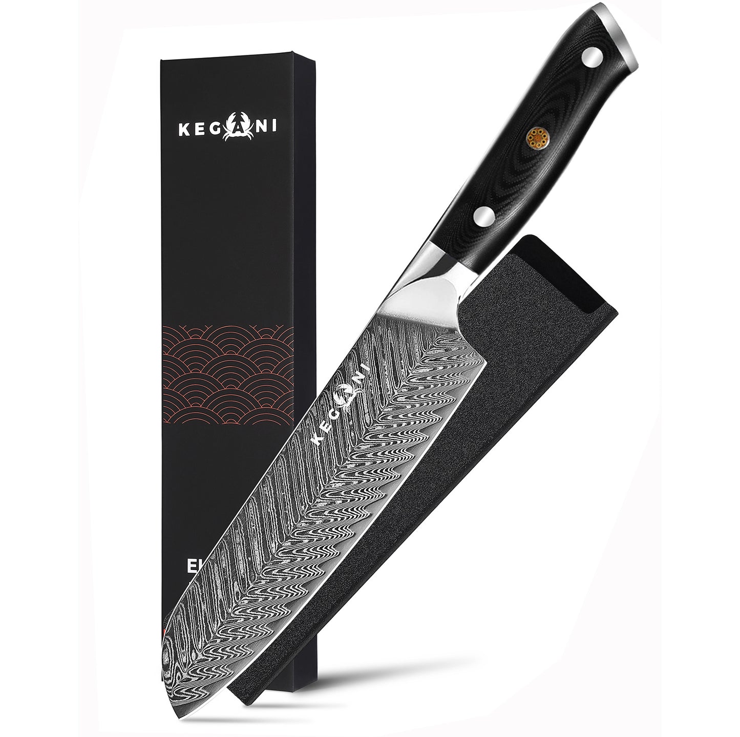 Kegani 7" Santoku Knife - 73-Layer AUS-10 Damascus Japanese Steel, Full-Tang G10 Handle with Case & Sheath