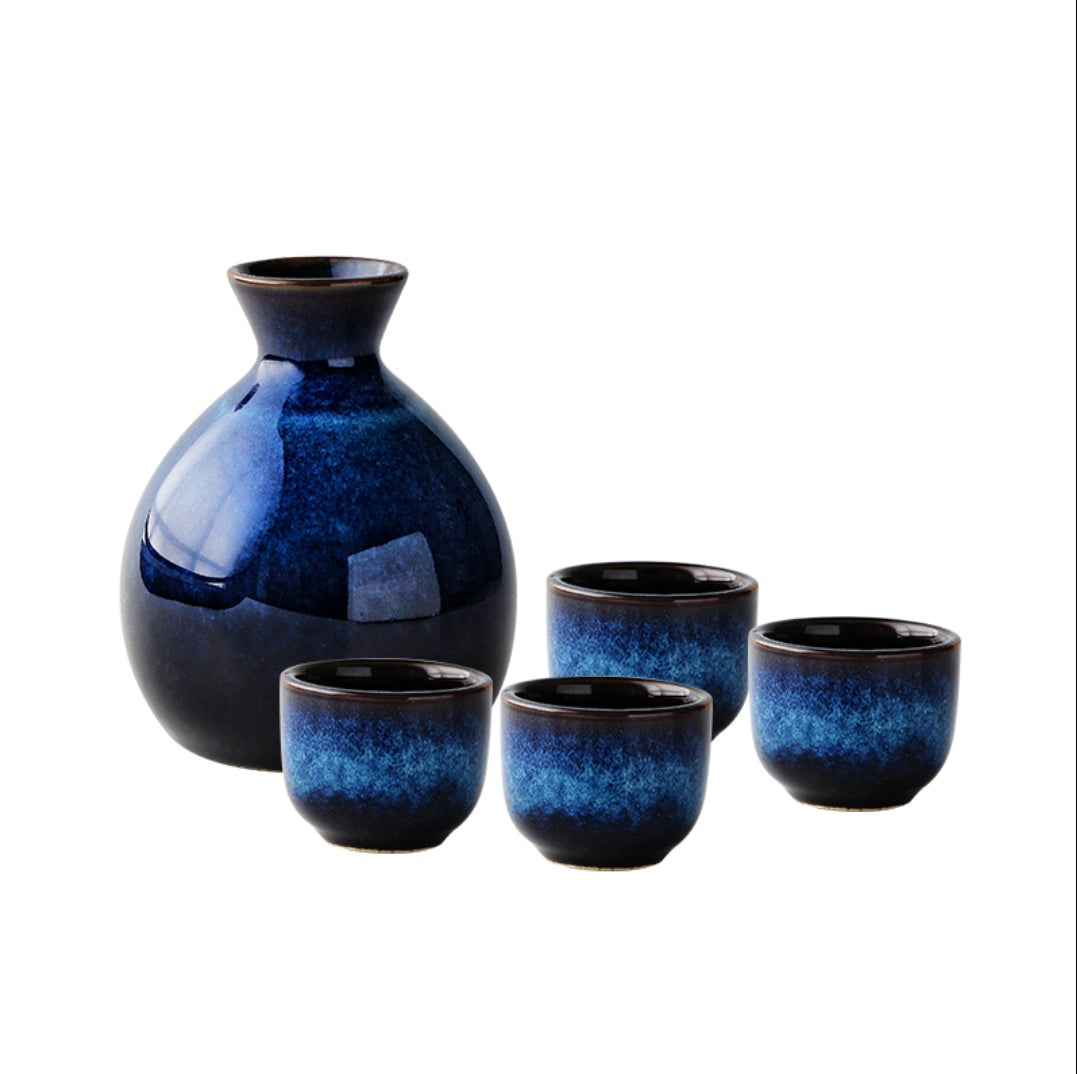 Japanese Sake Set - Ceramic Blue Kiln-Glazed Carafe & Cups, Handcrafted Elegance