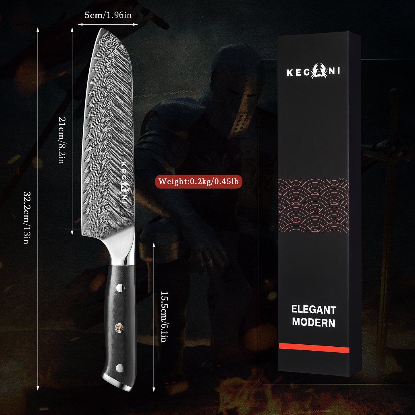 Kegani 7" Santoku Knife - 73-Layer AUS-10 Damascus Japanese Steel, Full-Tang G10 Handle with Case & Sheath