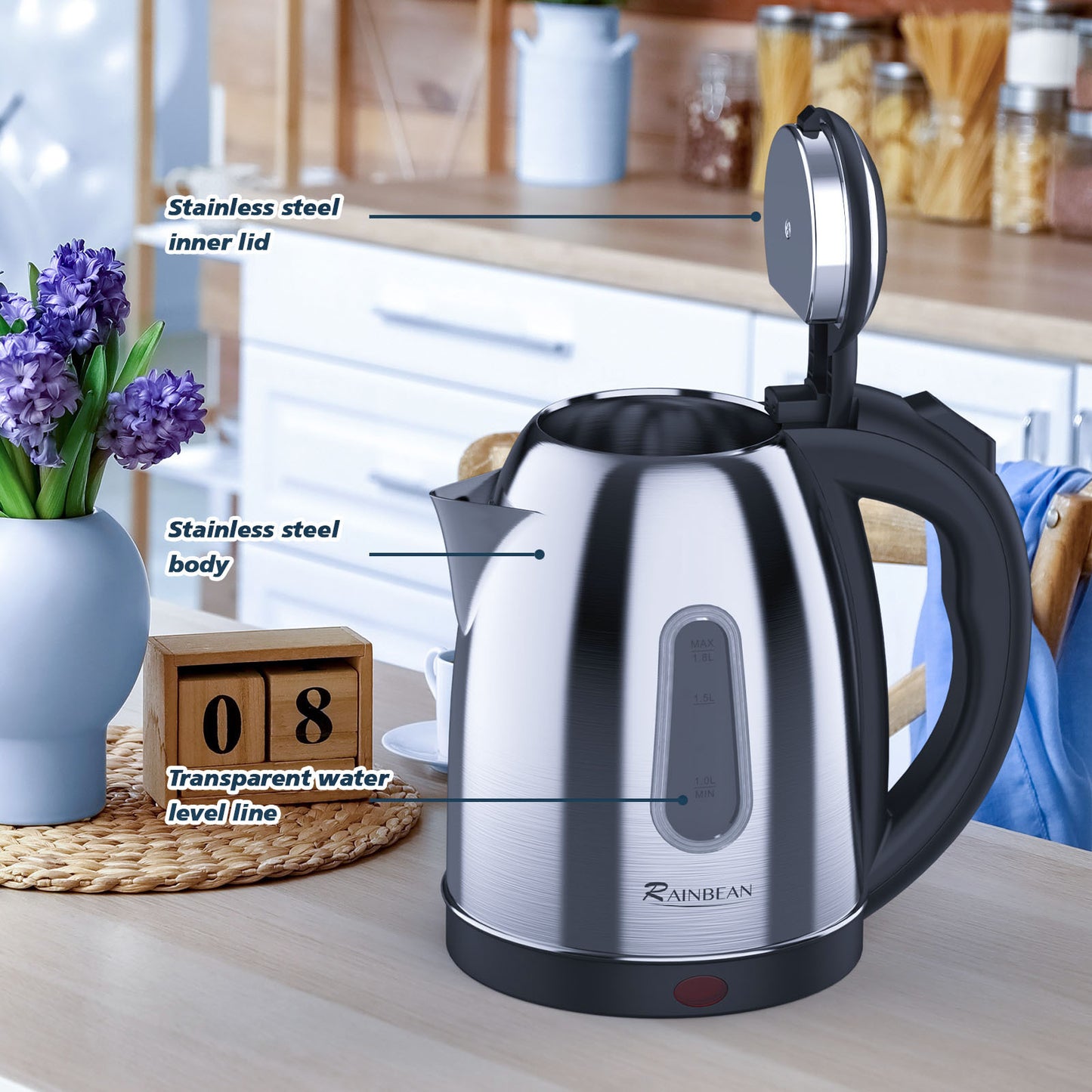 Electric Kettle Water Boiler - 1.8L Stainless Steel Kettle for Tea & Coffee, Auto Shut-Off & Boil-Dry Protection