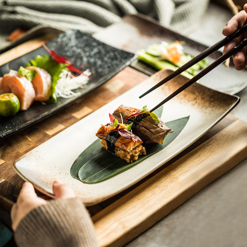 Japanese Ceramic Sushi Plates - Rectangular Porcelain Serving Dish with Underglaze Finish