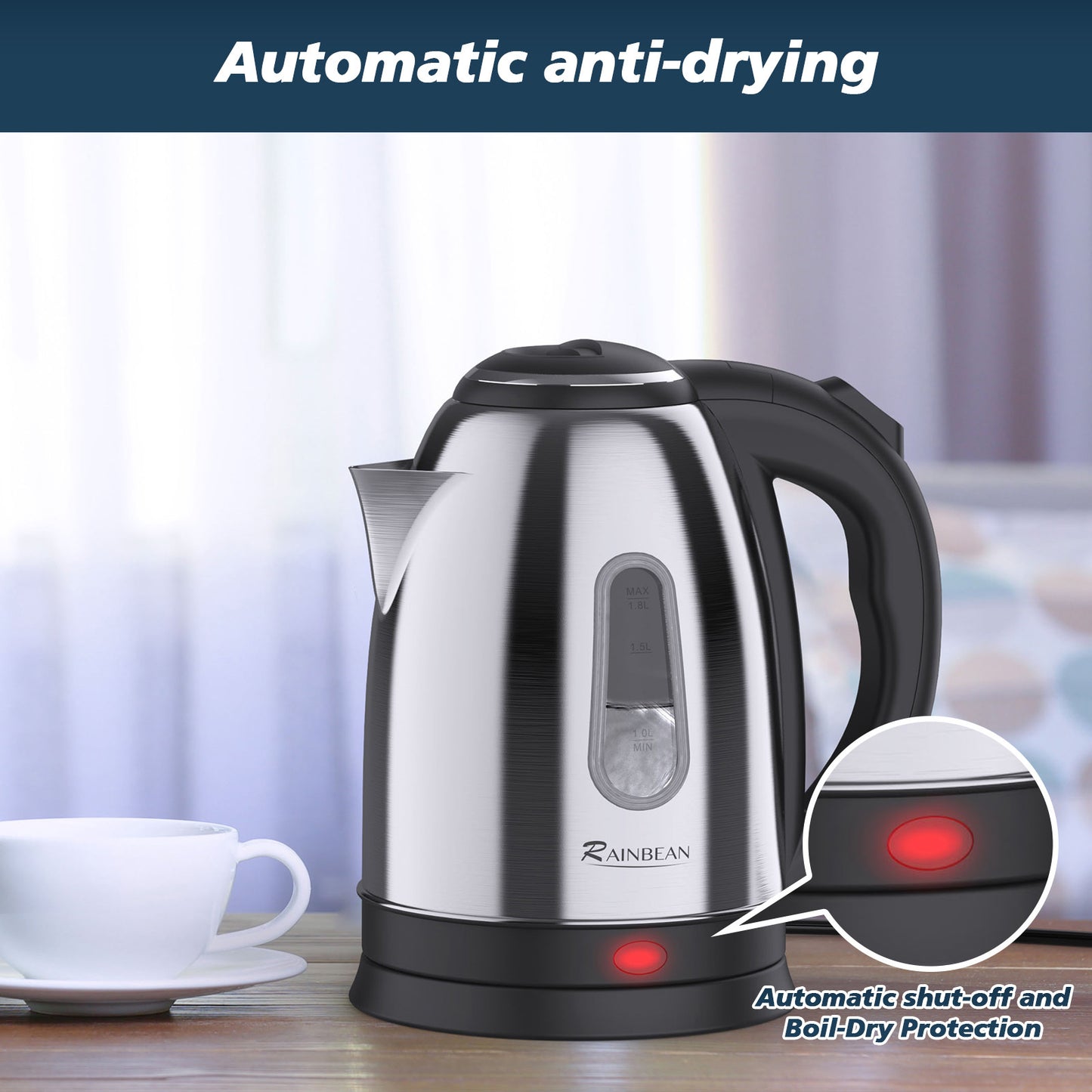 Electric Kettle Water Boiler - 1.8L Stainless Steel Kettle for Tea & Coffee, Auto Shut-Off & Boil-Dry Protection